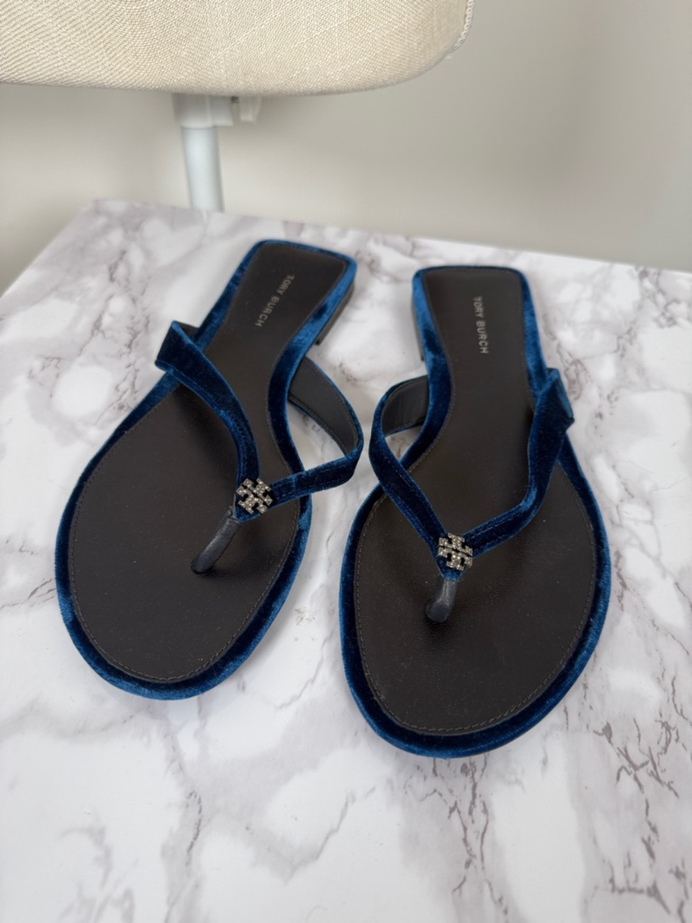 Tory Burch Blue Velvet Thong Sandals with Logo Accent